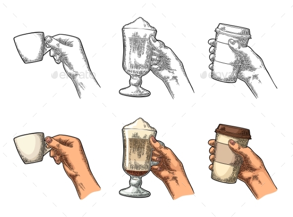 Hands Holding a Cup of Coffee Holder and Glass - Food Objects