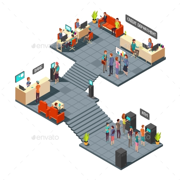 Commercial Bank Office 3d Isometric Interior - People Characters