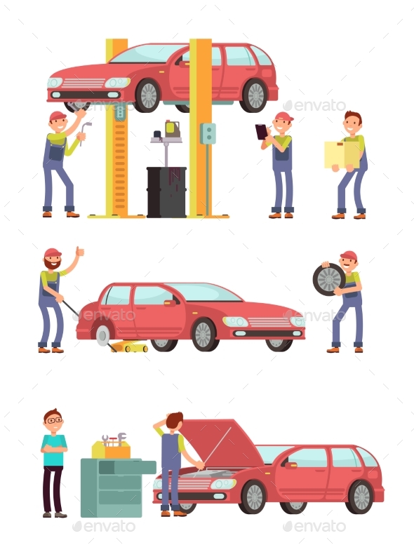 Car Repair Auto Service with Mechanic Characters