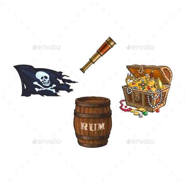 Vector Cartoon Pirates Symbols Set Isolated - Man-made Objects Objects