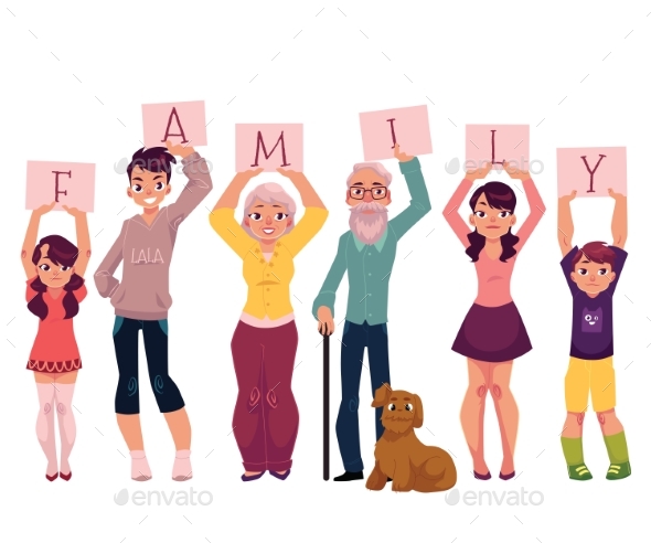 Grandparents and Grandchildren Holding Word Family - People Characters
