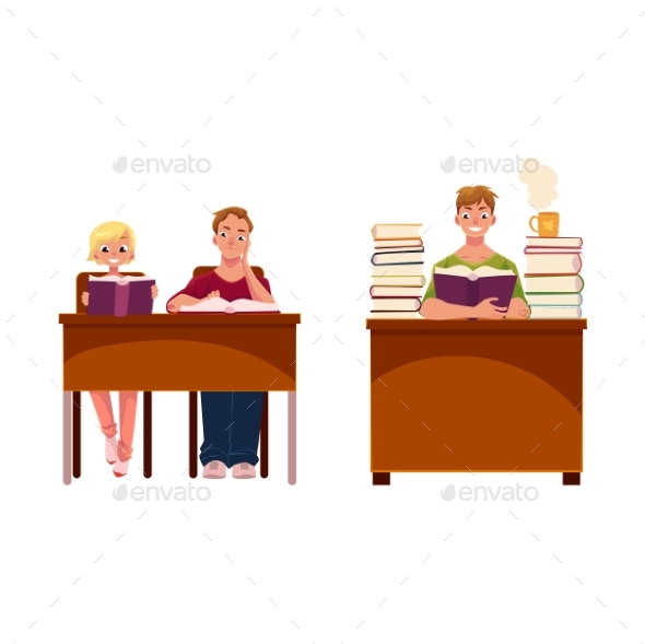 Reading Books in Library - People Characters