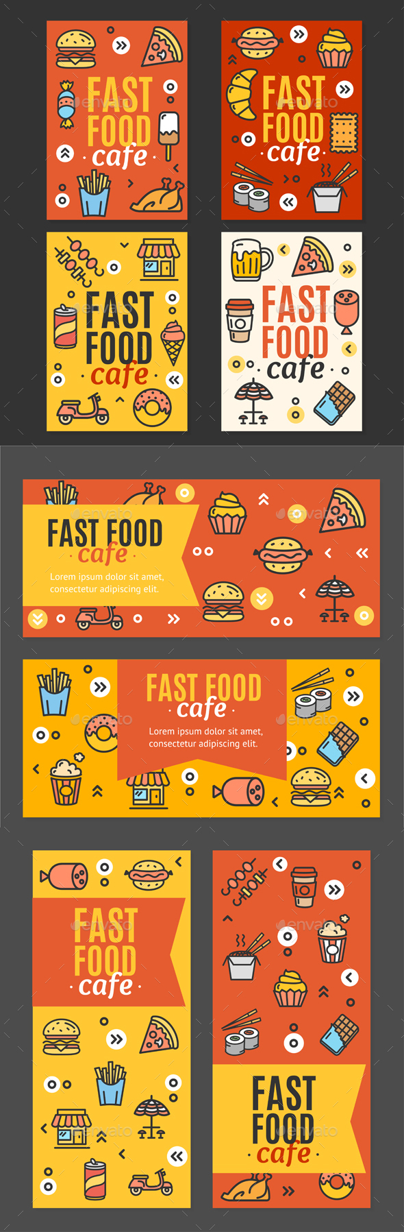 Fastfood and Street Food Flyer Banner Posters Card Set. Vector - Food Objects