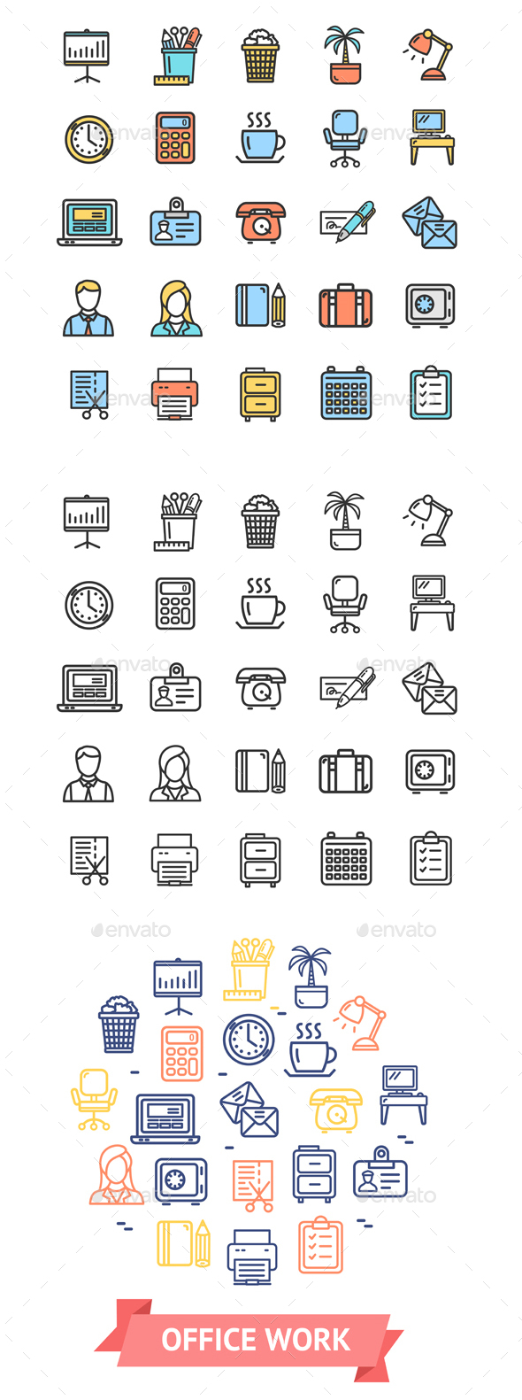 Symbol Office Work Color Thin Line Icon Set. Vector - Business Conceptual