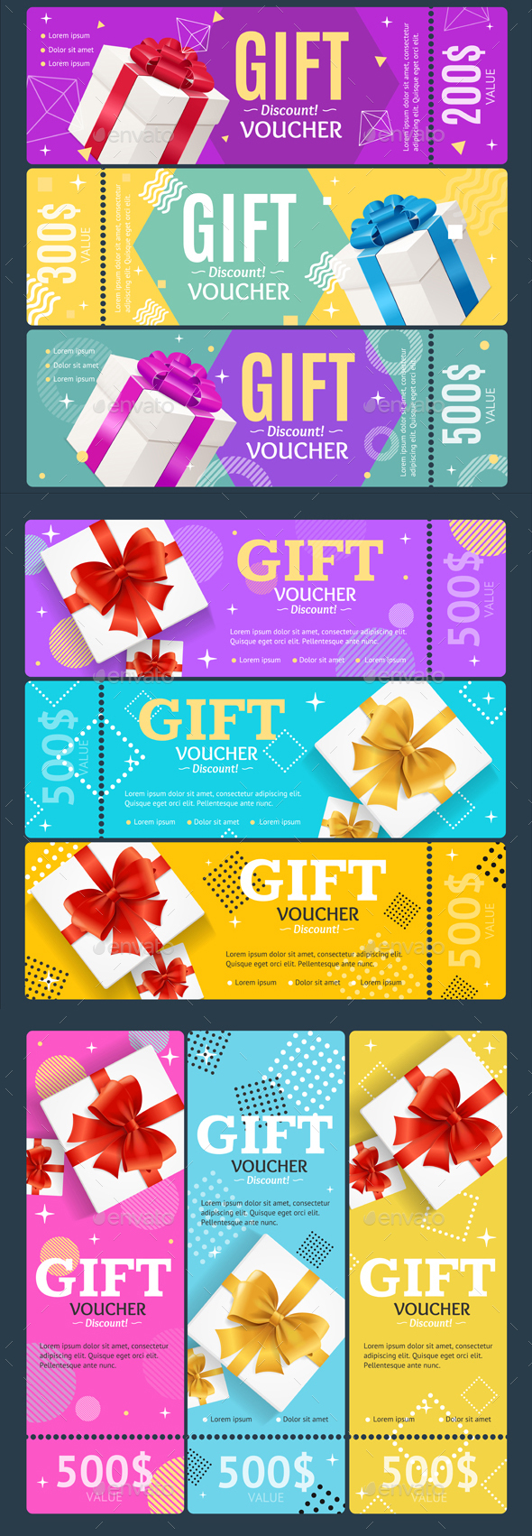 Gift Voucher Card Set Template Monetary Value Coupon. Vector