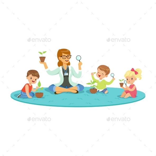 Teacher and Kids Sitting on the Floor Learning - Flowers & Plants Nature