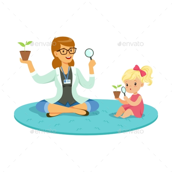 Teacher and Little Girl Sitting on the Floor - Flowers & Plants Nature