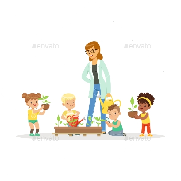 Girls and Boys Help Their Teacher - Flowers & Plants Nature