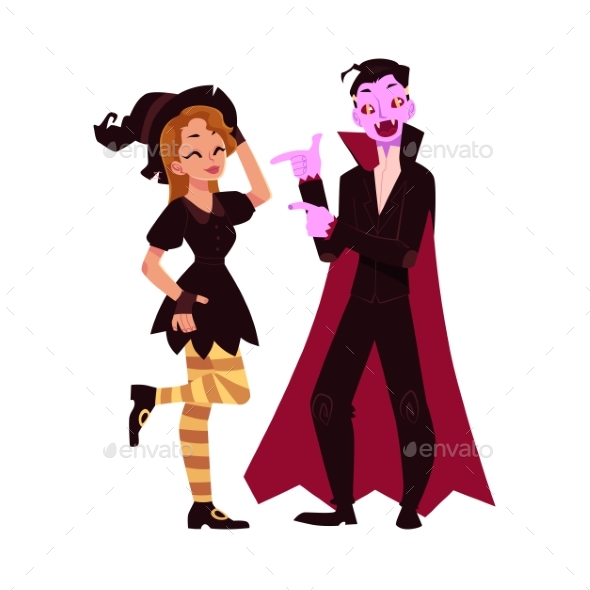 Girl Dressed As Witch, Man in Vampire Costume - People Characters