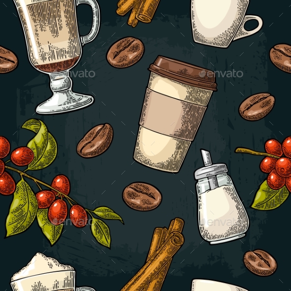 Seamless Pattern of Latte Sugar and Beans - Food Objects