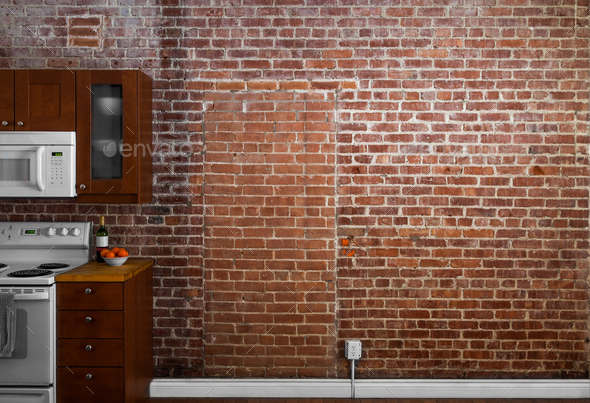 Industrial Old Flat Brick Wall Perspective in a kitchen.