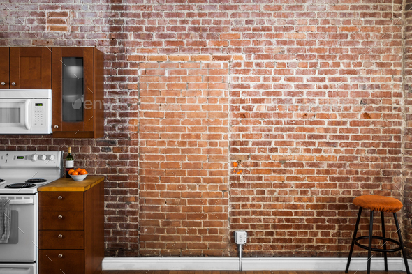 Industrial Old Flat Brick Wall Perspective in a kitchen.