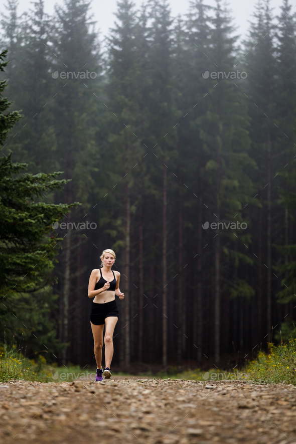 Jogger Training in Forest early in the Morning.