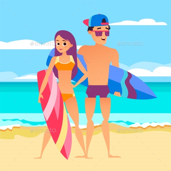 Surfing Summer Vacation, Guy with a Girl - People Characters