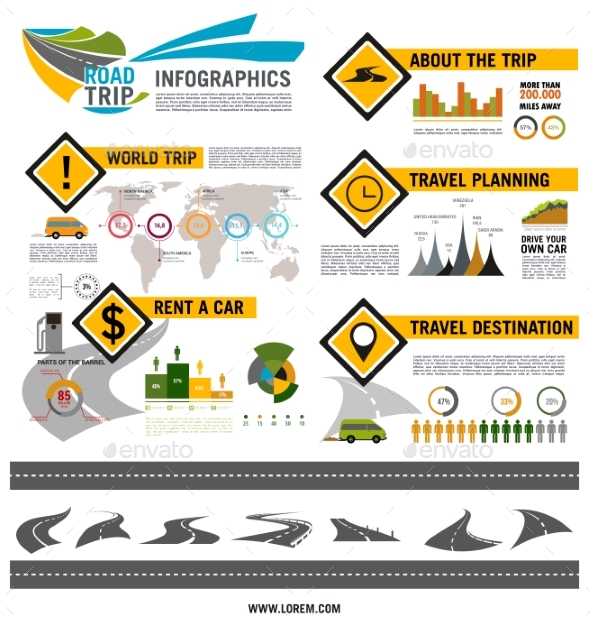 Road Trip, Travel, Car Tourism Infographic Design - Man-made Objects Objects