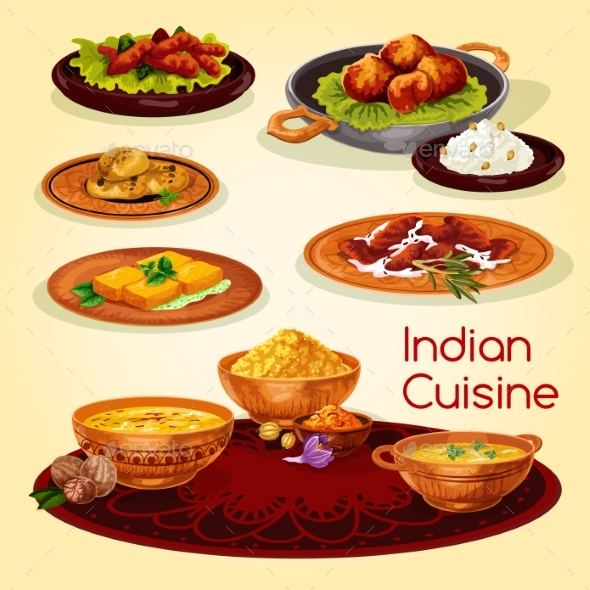 Indian Cuisine Dinner Dishes Cartoon Menu Design - Food Objects