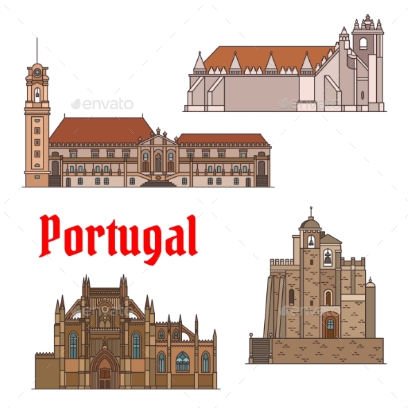 Portuguese Travel Landmarks Thin Line Icon Set - Buildings Objects