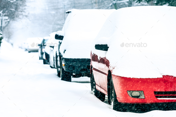 Parked Cars on a Snowstorm Winter Day - Stock Photo - Images