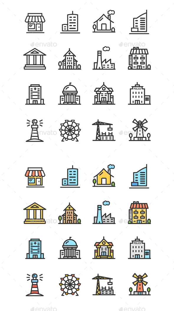 Building House or Home Color Thin Line Icon Set. Vector - Buildings Objects