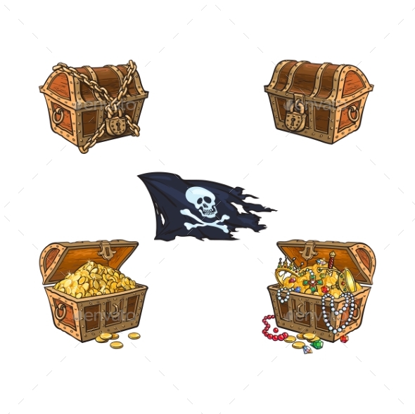 Vector Wooden Treasure Chest Set Isolated - Man-made Objects Objects