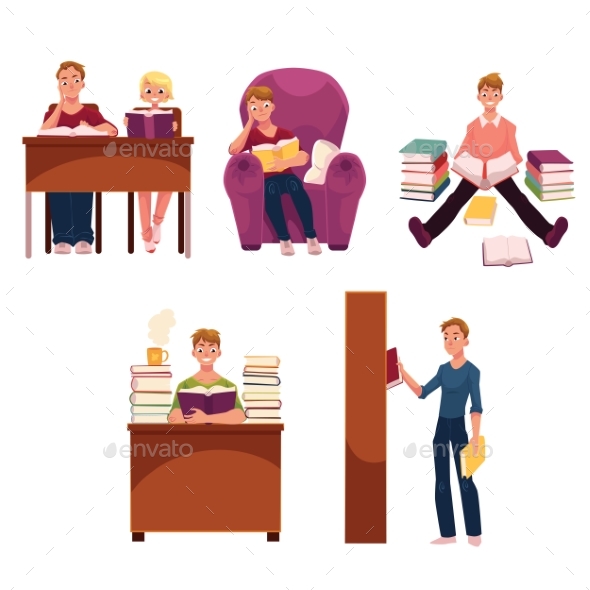 Set of People Reading Books, Studying in Library - People Characters