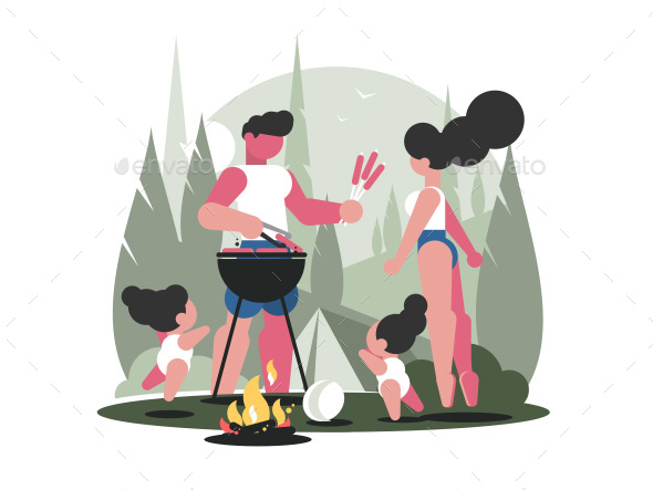 Young Family with Children on Picnic - Miscellaneous Vectors