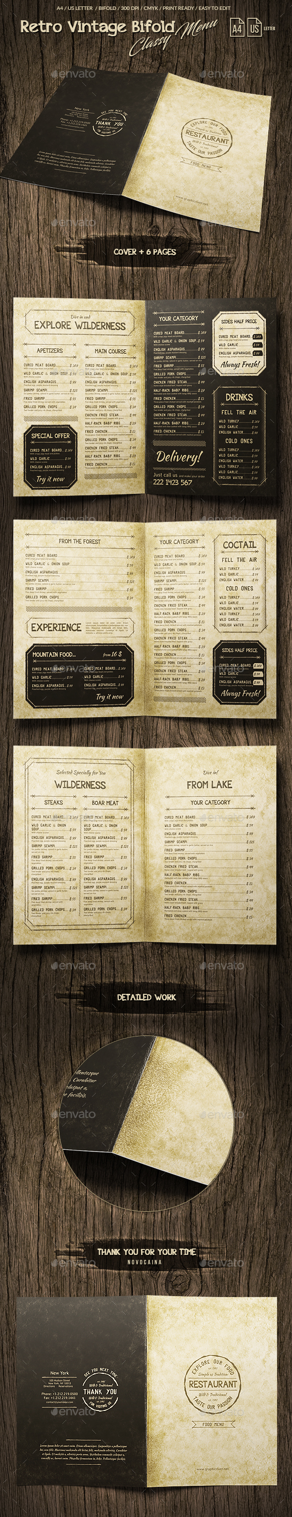 Retro Vintage Bifold Classy Menu - A4 & US Letter - 8 pgs - Food Menus Print Templates