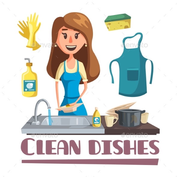 Woman Washing Dishes By Hand in Sink Poster - People Characters