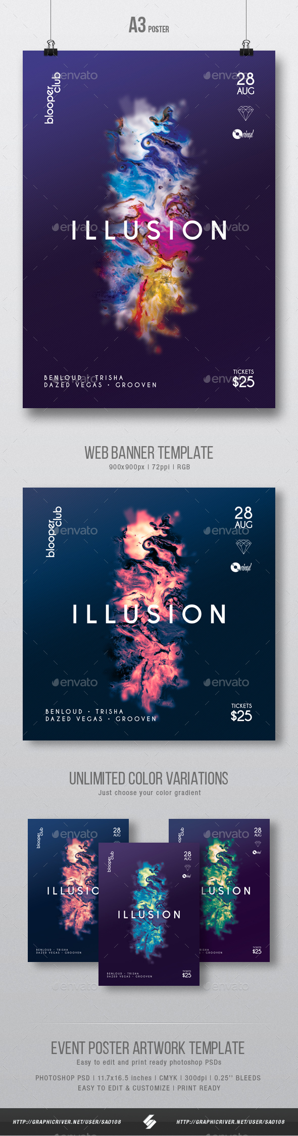 Illusion - Minimal Party Flyer / Poster Artwork Template A3 - Clubs & Parties Events