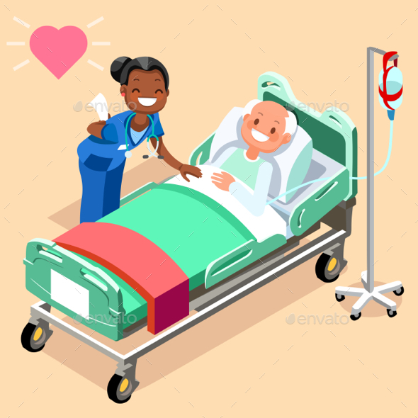 Black Nurse or Family Doctor at Male Patient Bed Vector - Vectors