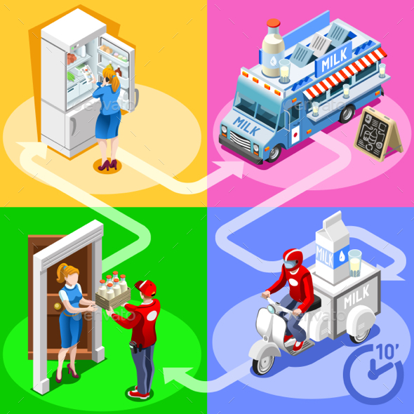 Food Truck Milk Dairy Product Home Delivery Vector Isometric - Vectors