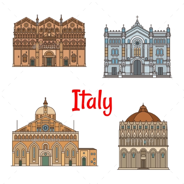 Italian Travel Landmark Thin Line Icon Set Design - Buildings Objects