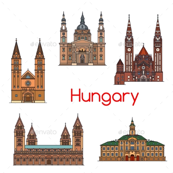 Tourist Sight of Hungary Thin Line Icon Set - Buildings Objects