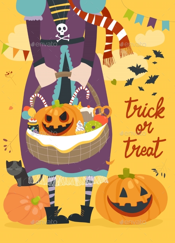 Girl Holding Basket with Pumpkin and Sweets