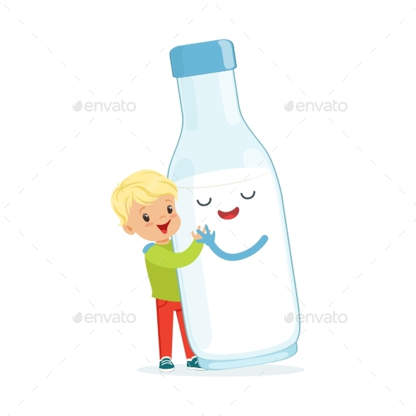 Blonde Little Boy and Milk Bottle - Food Objects