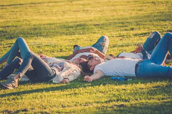 Multi-ethnic group of friends resting in a park