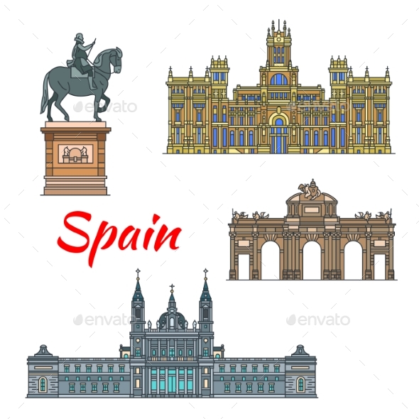 Spanish Travel Landmark of Madrid Linear Icon Set - Buildings Objects