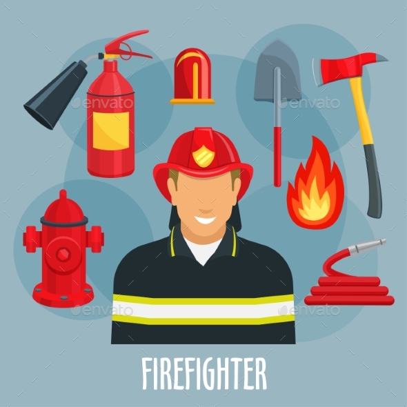 Firefighter Profession Icon of Fireman in Uniform - People Characters