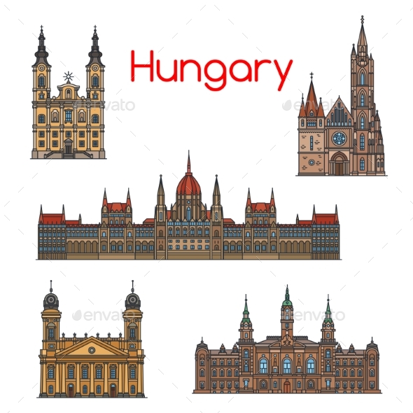 Hungarian Travel Landmark Thin Line Icon Set - Travel Conceptual