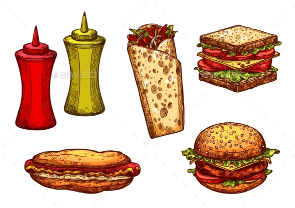 Fast Food Burger and Sandwich Sketch Set - Food Objects