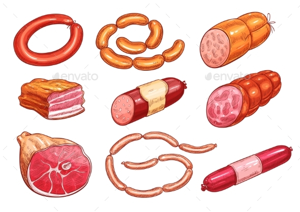 Meat, Sausage, BBQ Product Isolate Sketch Set - Food Objects