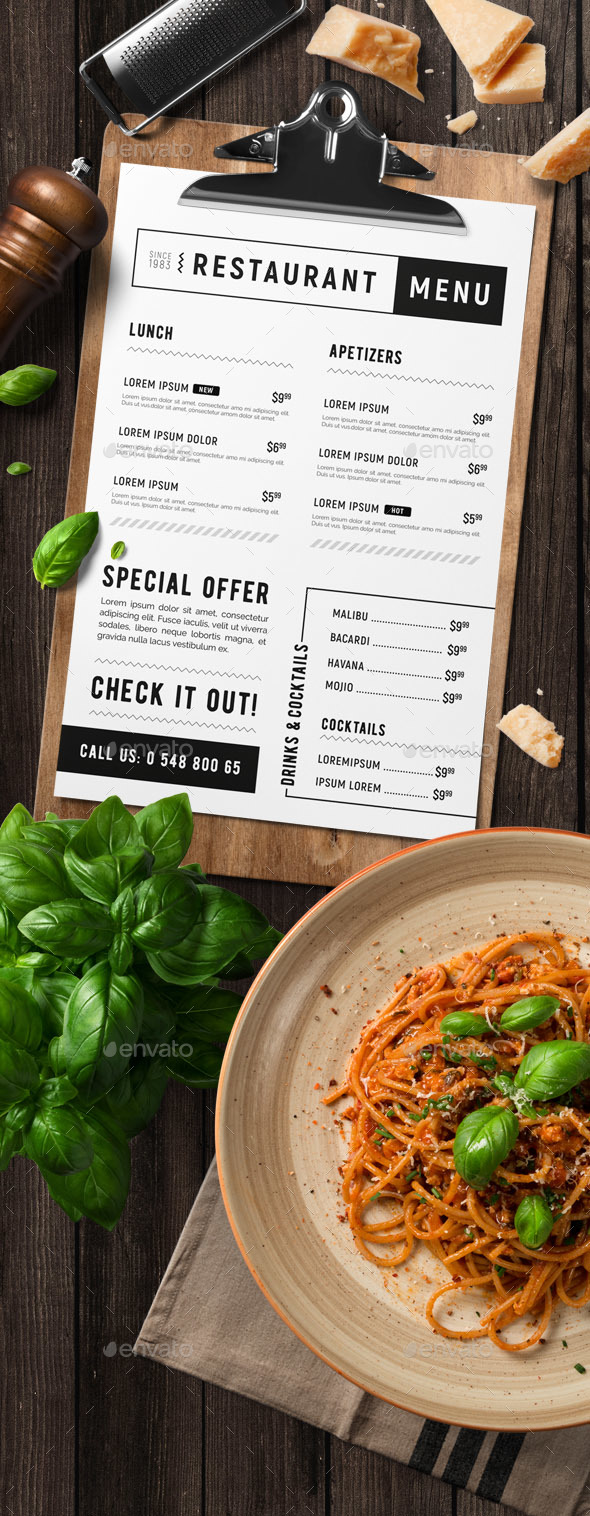 Minimal restaurant food menu