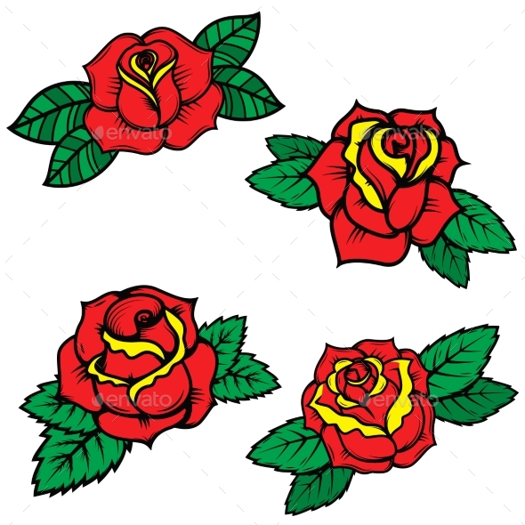 Set of Old School Tattoo Style Roses - Flowers & Plants Nature