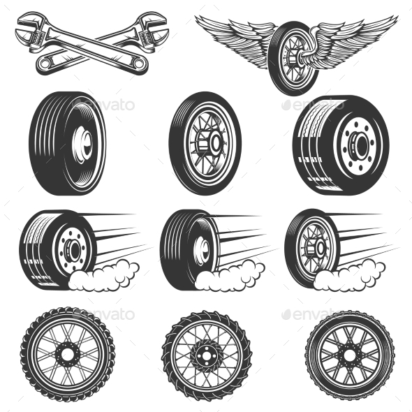 Tire Service. Set of Car Tires Illustrations - Man-made Objects Objects