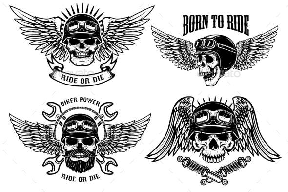 Born To Ride. Set of Biker Skulls with Wings