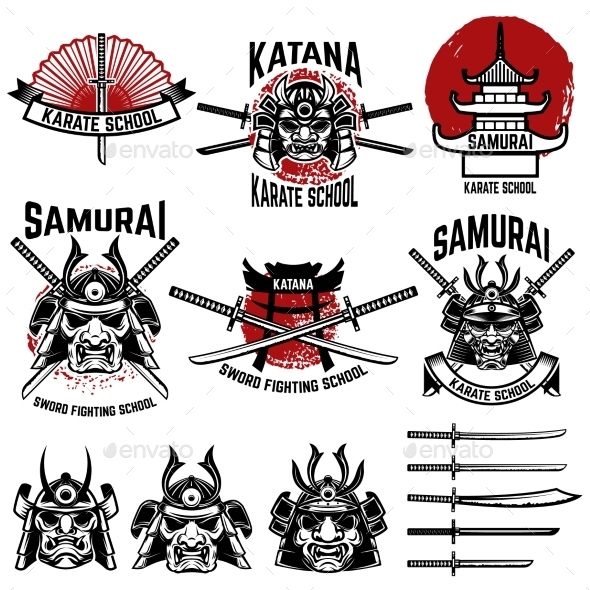 Karate School Labels. Samurai Swords, Samurai - Miscellaneous Vectors