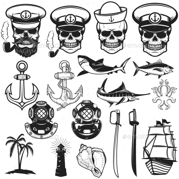 Set of Nautical Elements. Anchor, Fish, Shark - Animals Characters