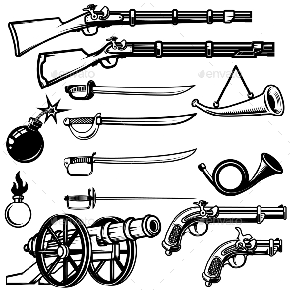 Set of Ancient Weapon. Muskets, Saber, Cannons - Miscellaneous Vectors