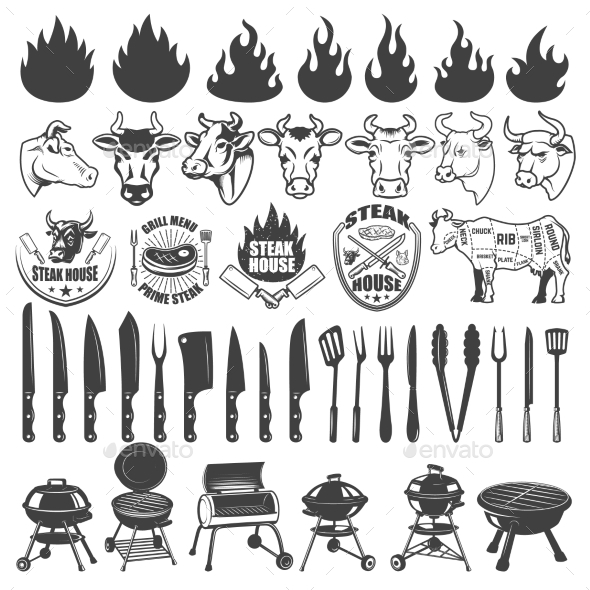 Set of BBQ and Grill Labels and Design Elements - Food Objects