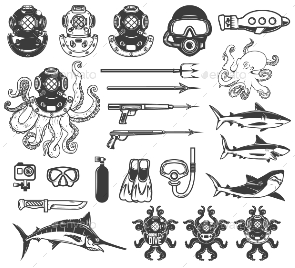 Big Set of Diving Icons. Diver Equipment, Weapon - Animals Characters
